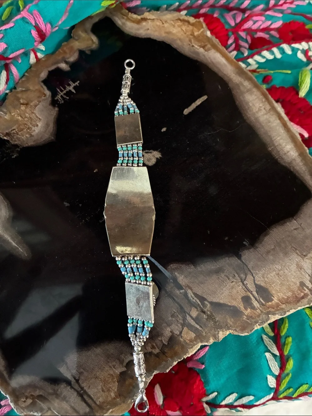 Turquoise Stone Beaded Silver Bracelet - Women Jewelry - Picture 3 of 5